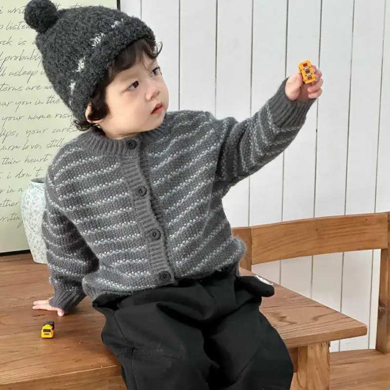 

2025 Autumn New Children Long Sleeve Casual Coat Boys Girls Knit Cardigan Baby Striped Jacket Kids Cotton Knitted Clothes