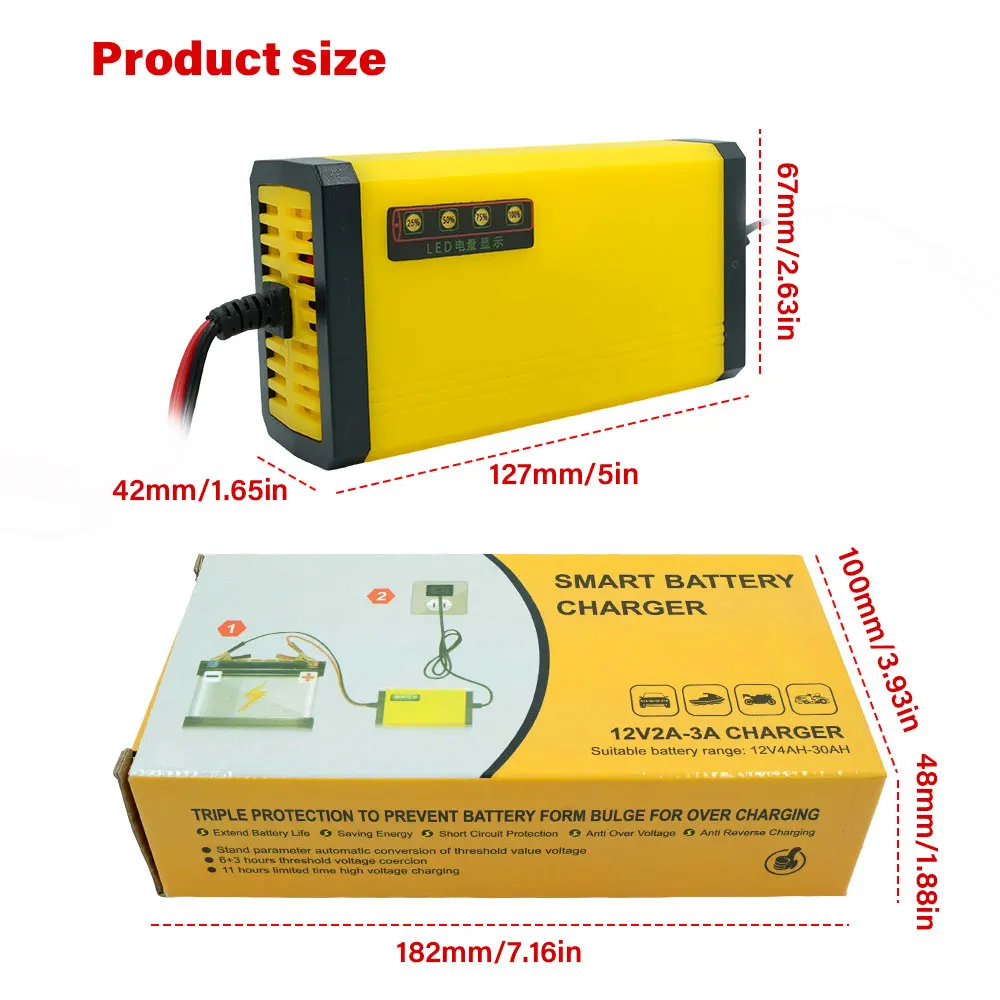 

Зарядное устройство для автомобильных аккумуляторов 12В 2А, 220В, импульсное, для восстановления, для влажных и сухих свинцово-кислотных аккумуляторов, с LED-дисплеем, для мотоциклов и грузовиков