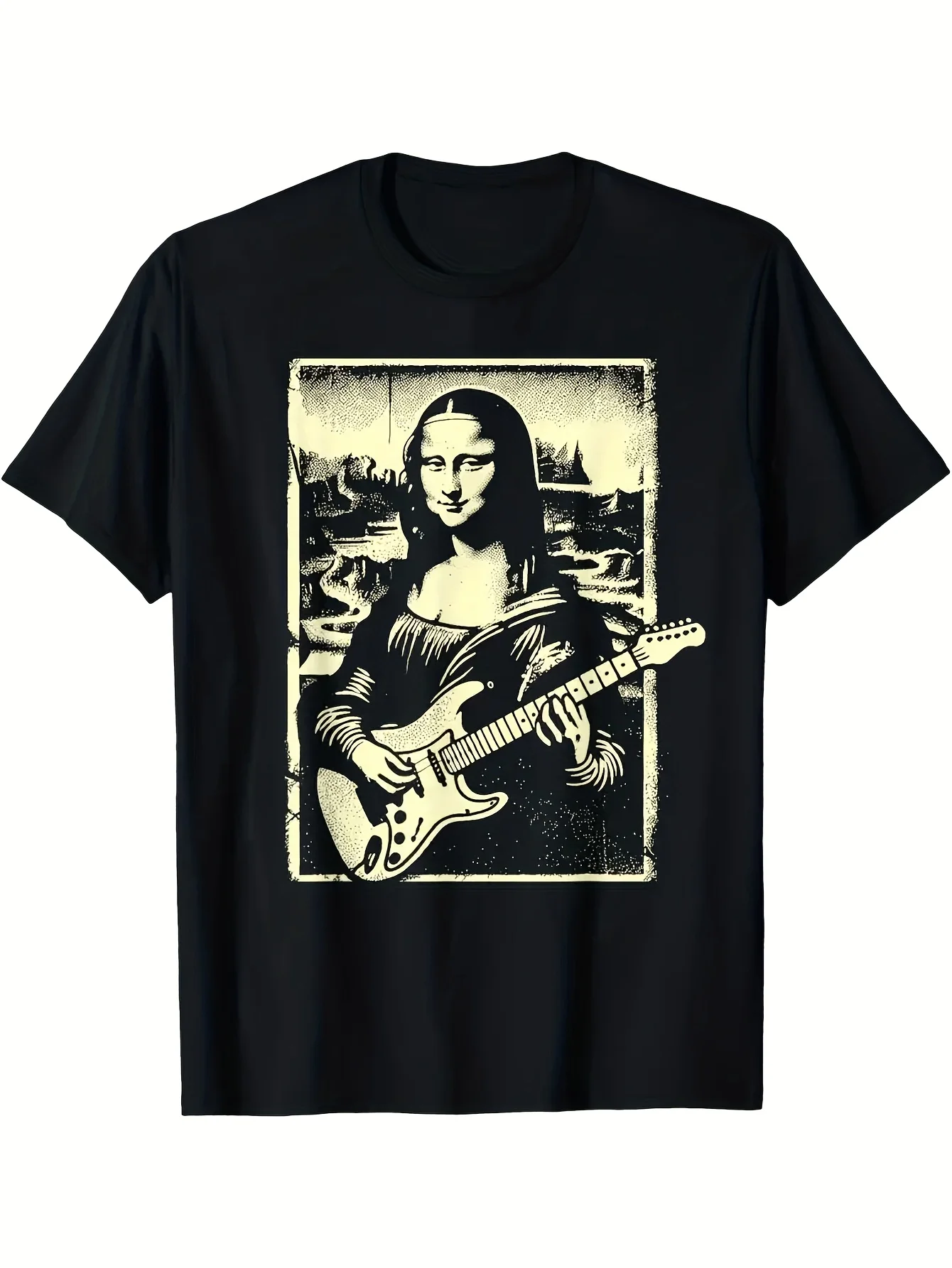 Mona Lisa  Electric Guitar T-Shirt - Funny Music Teacher Gift, Casual Short Sleeve Round Neck Tee with Iconic Art Print for Musicians, All-Season Fit