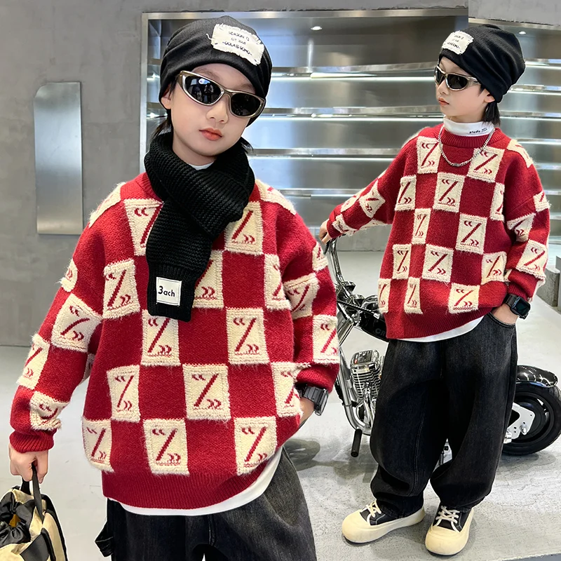 

2025 AW 4-14Y Kids Classic Plaid Sweater Autumn and Winter Boys Loose Casual Knit Pullover Children Street Style Warm Sweater