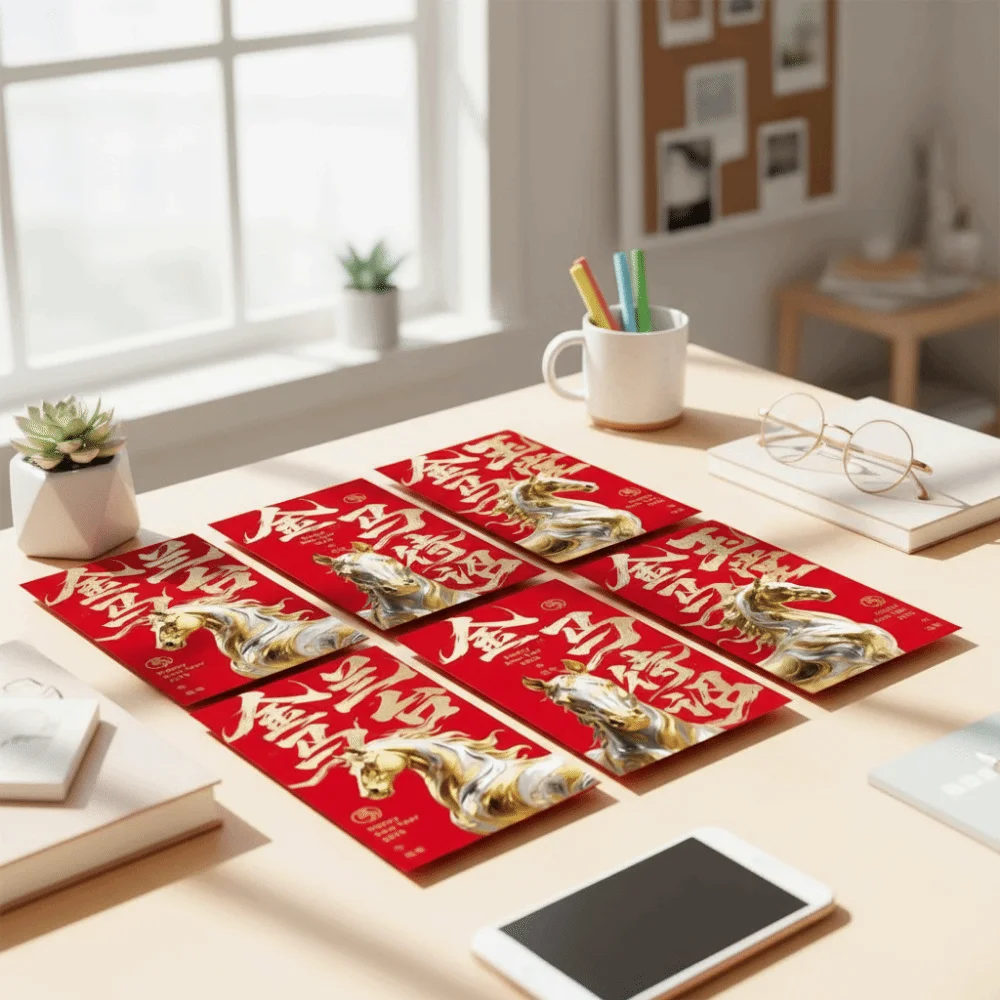 6pcs Chinese 2026 New Year Red Envelope Cartoon Glitter Frosted Horse Year Money Envelope Thickened Bronzing