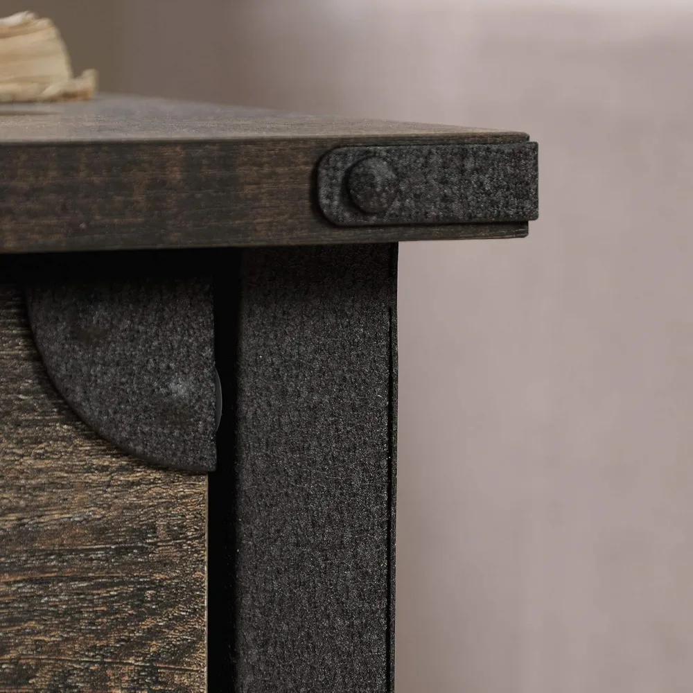 Mesa auxiliar de metal contemporánea con acabado en roble, dimensiones: 22,44 largo x 21,65 ancho x 23,11 alto