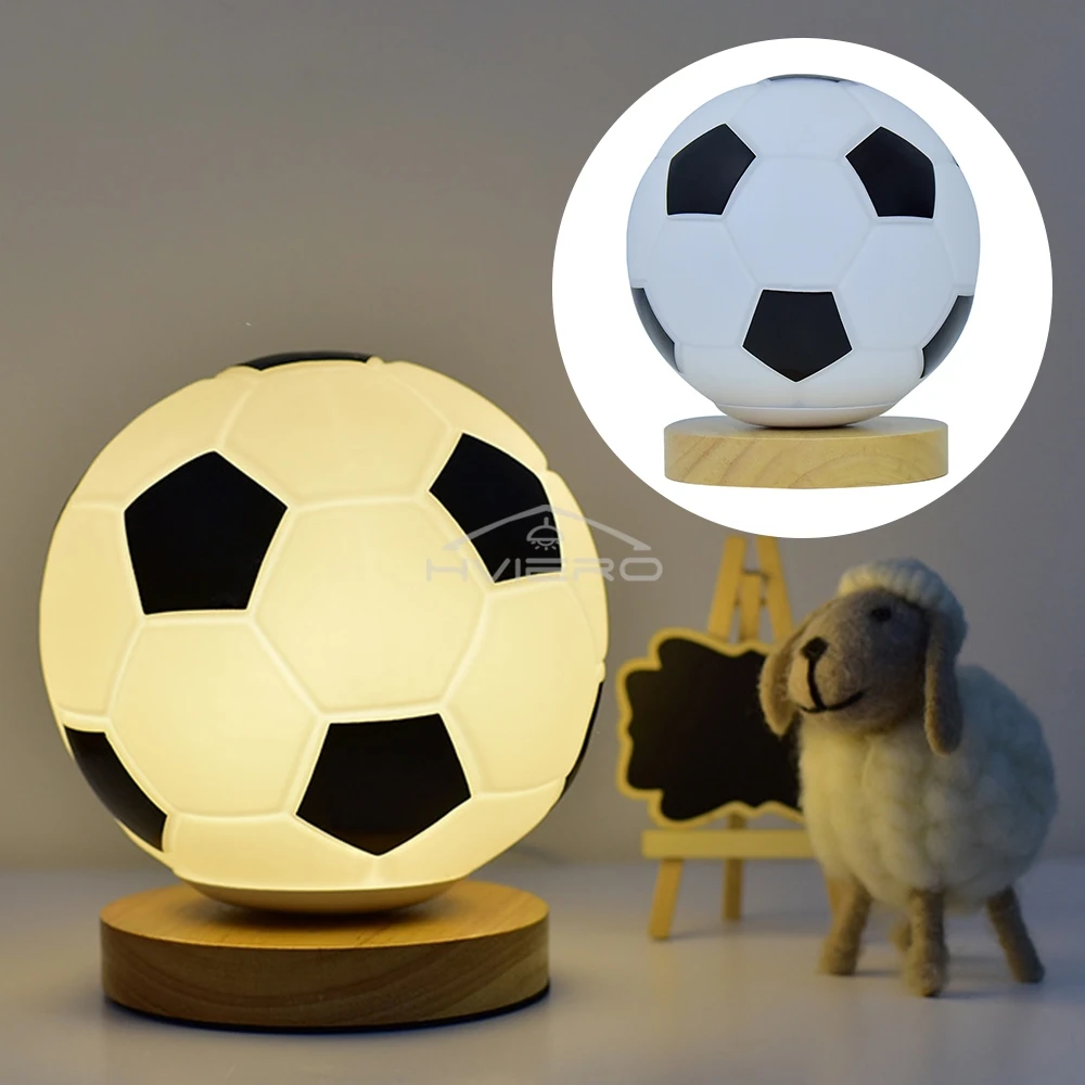 Usb candeeiro de mesa madeira vidro quarto decoração estudo lâmpadas luz base madeira tema futebol borracha macia decoração escritório em casa presentes