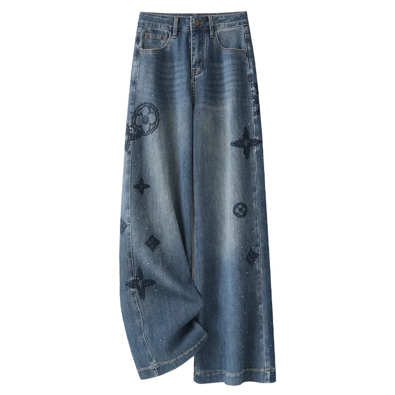 Jeans a gamba larga con strass ricamati Autunno Inverno Nuovi pantaloni dritti effetto consumato lavati a vita alta