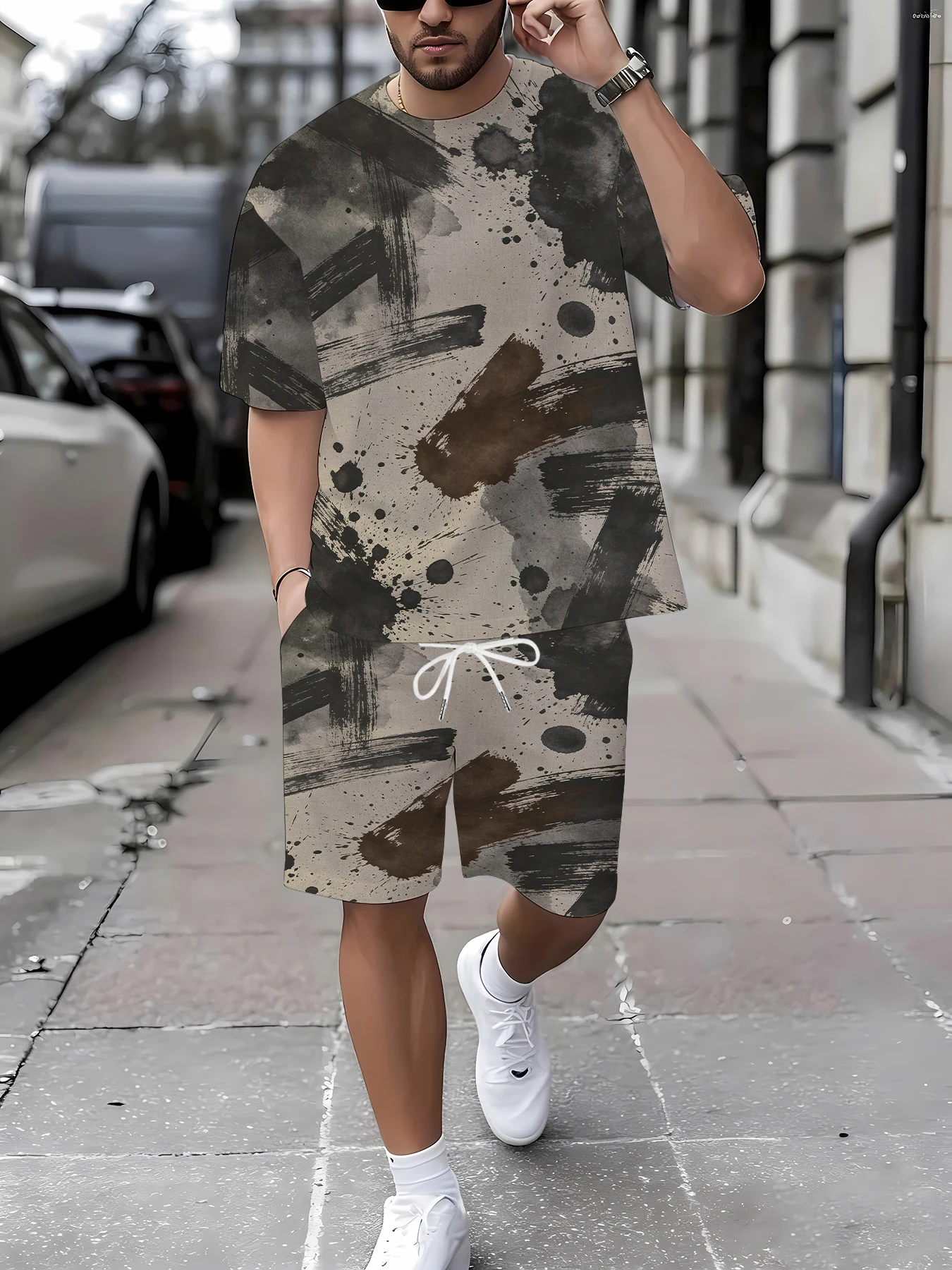 

Summer Men's 2-Piece Print Set Casual Loose T-Shirt & Elastic Waist Shorts Outfit