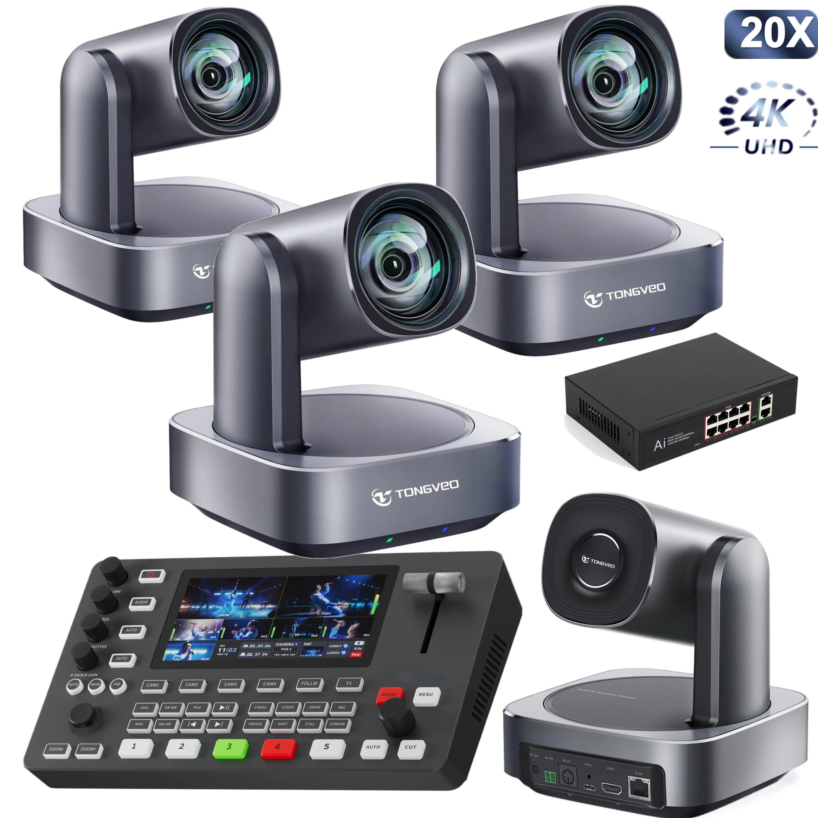 20X Zoom Live Streaming 4K Camera Group With AI Tracking PTZ Camera + Multi-Channel Video Mixer Switcher +POE Switch