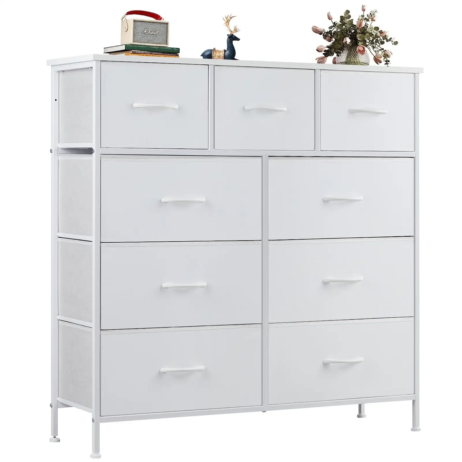 

Fabric Storage Dresser with 9 Drawers, Steel Frame and Wooden Top for Bedroom, Closet, Entryway and Nursery, White