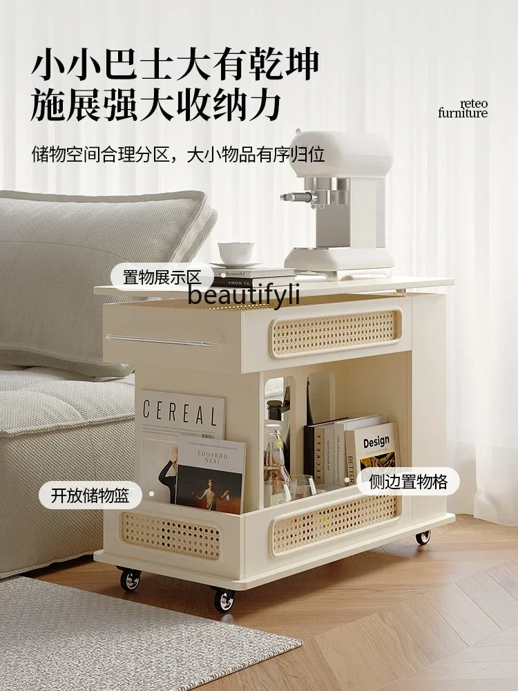 K185 French Cream Style Rattan Coffee Table Movable Adjustable Small Coffee Table Sofa Side Cabinet Living Room Storage Table