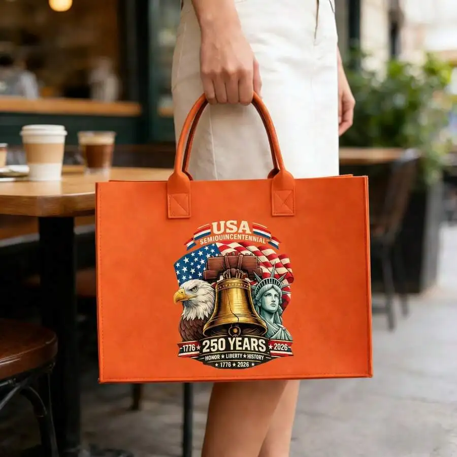 

Orange Casual Tote Bag With USA 250 Years Liberty Bell Eagle Statue Flag Print Felt Material
