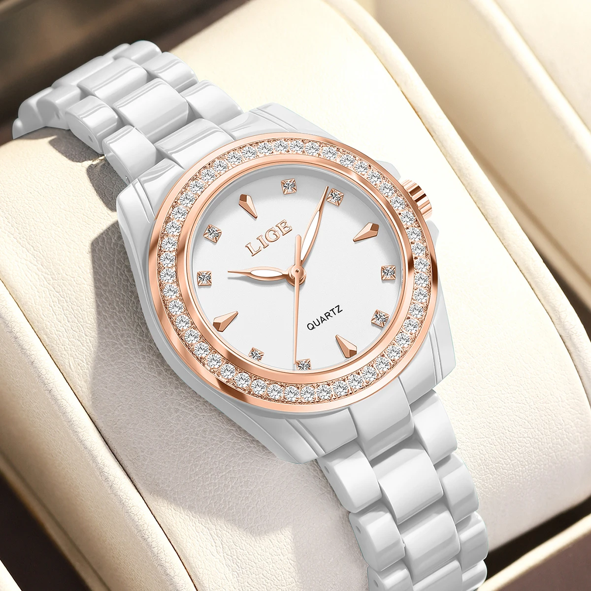 

LIGE Woman Watches Diamond Dial Quartz Watch for Women Fashion Elegant Ceramic Ladies Watch Ceramic Strap Waterproof Wristwatch