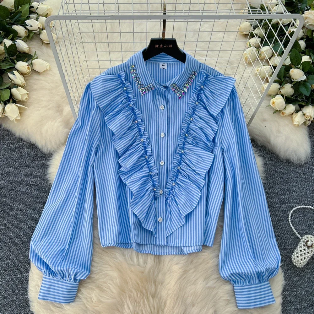 Vintage Striped Puff Sleeve Edible Tree Fungus Ruched Top Chic Rhinestone Women Streetwear Korean High Street Autumn Blouse