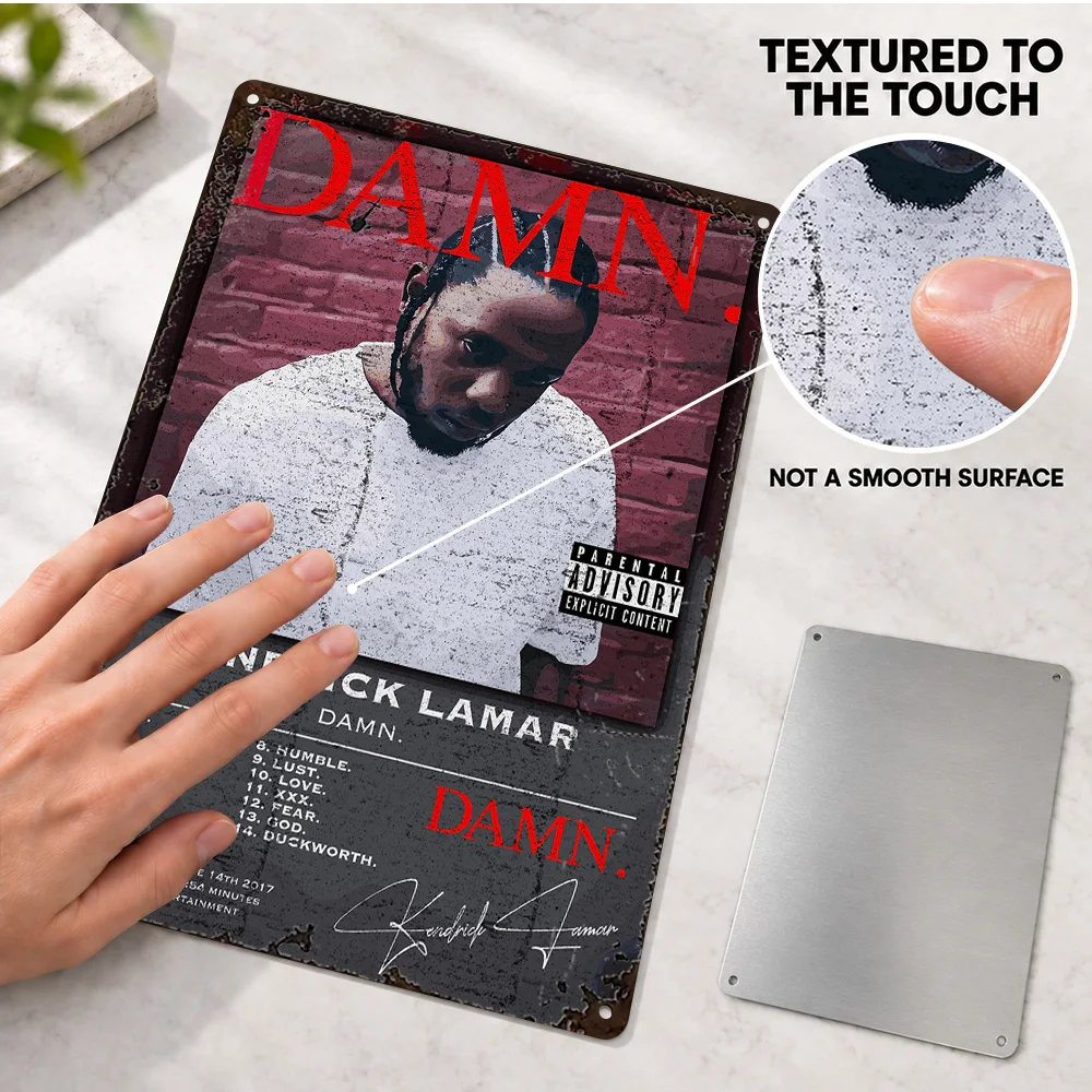 Kendrick Lamar DAMN. Textured Metal Poster Customized Aluminum Sign Red Brick Backdrop Illustration Wall Art For Record Corner