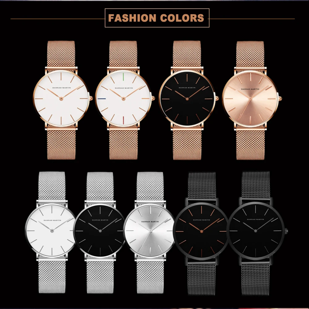 Hannah Martin High Quality Fashion Women Watches Top Brand Ultra-thin Mesh Steel Wristwatch Black Sport Waterproof Quartz Watch