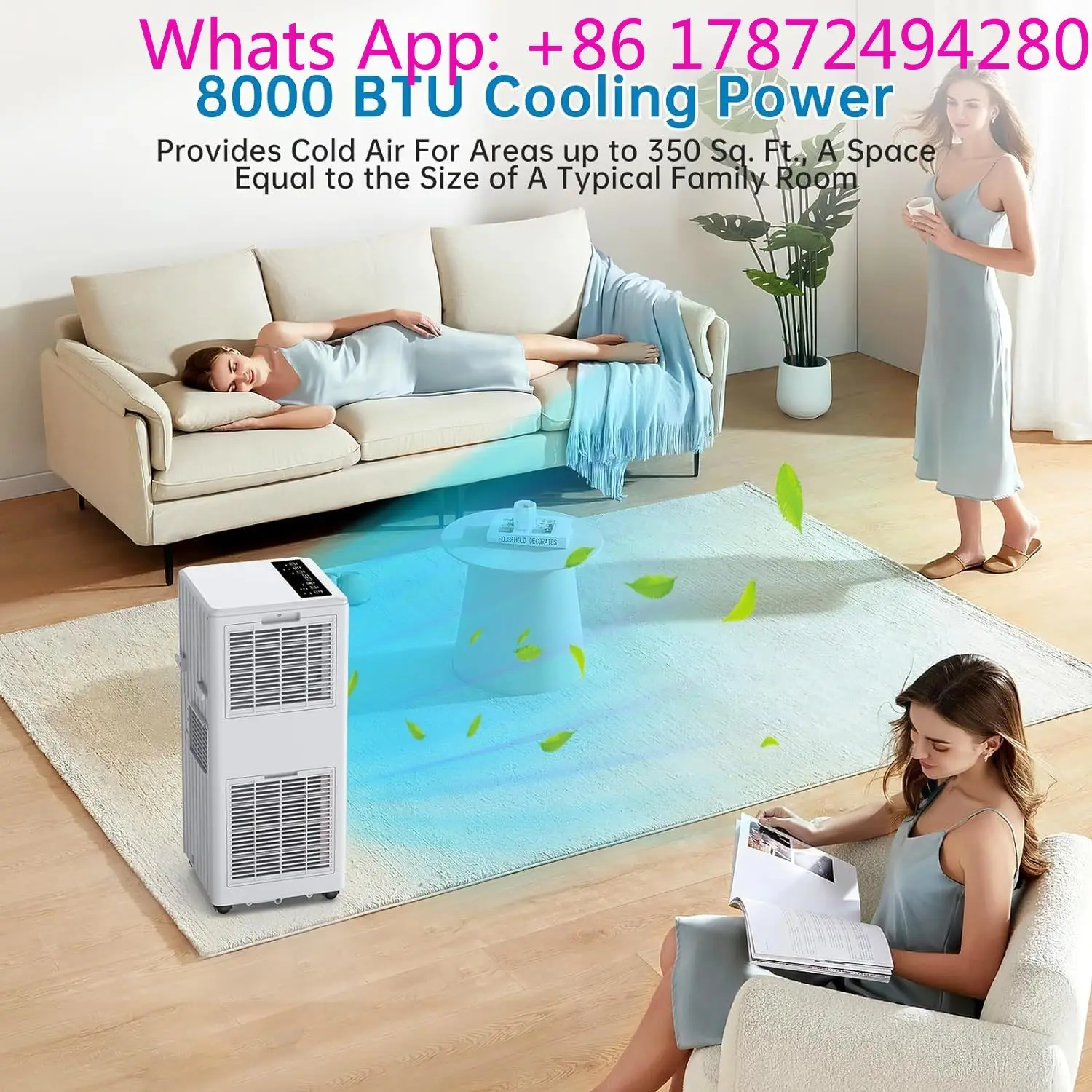 8000 BTU portable AC, dehumidifies, fan mode, remote control, 24h timer, cools 750 sq. ft. spaces