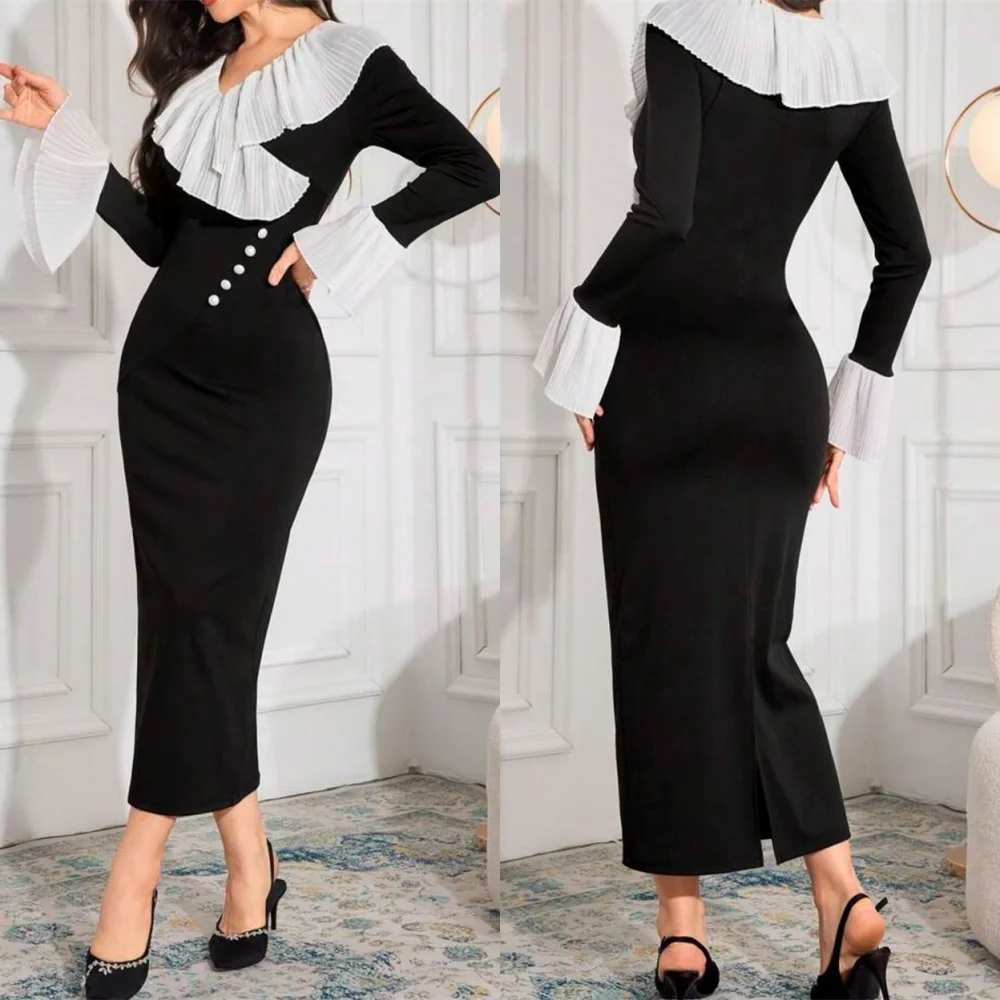 

Customized Mermaid Simple Black Jersey Evening Dress Elegant V-Neck Long Sleeves Homecoming Dresses Classic Vestido De Festa