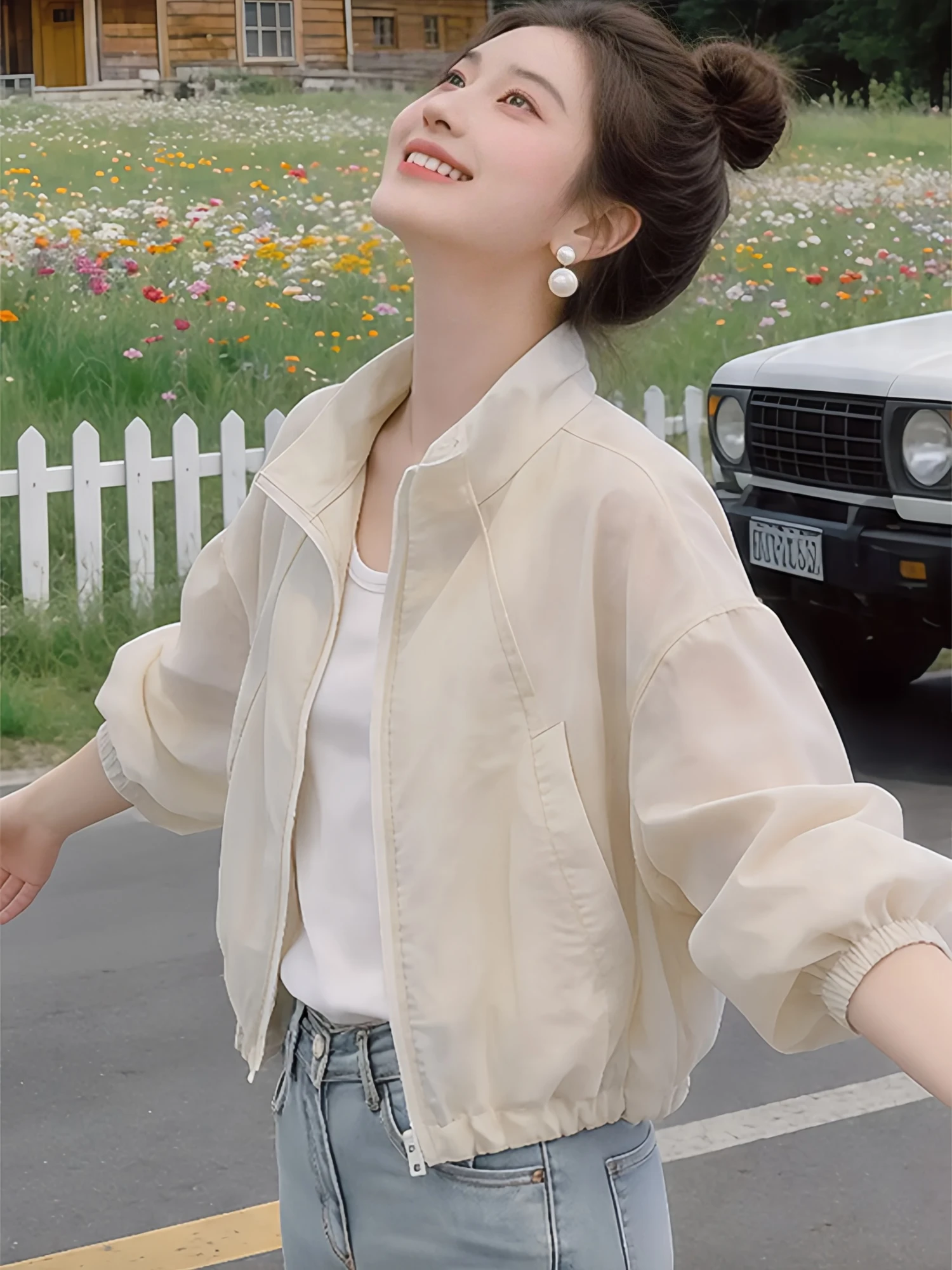 

White Stand Collar Short Loose Women's Summer Outerwear Breathable Elegant Style Outdoor Sun Protection Clothes Slimming Effect
