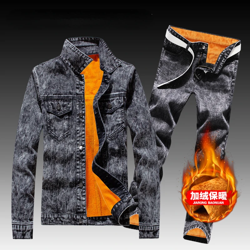 Winter Men Fleece Lining Thick Warm Denim Two Piece Set Slim Fit Cowbody Jacket Jeans Suit Safari Style Cargo Pants Matching Set