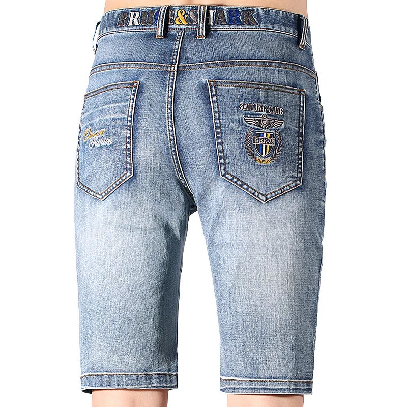 New Straight Denim Shorts Men Knee Length Business Bruce&Shark Stretch Thin Soften Cotton Mid Waist Jeans Shorts Big Size 42