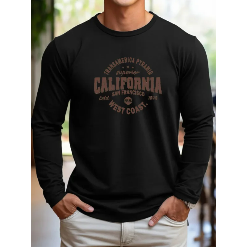 West Coast California Retro Print Men Long Sleeve T Shirt Soft Crew Neck Daily Base Layer Tops