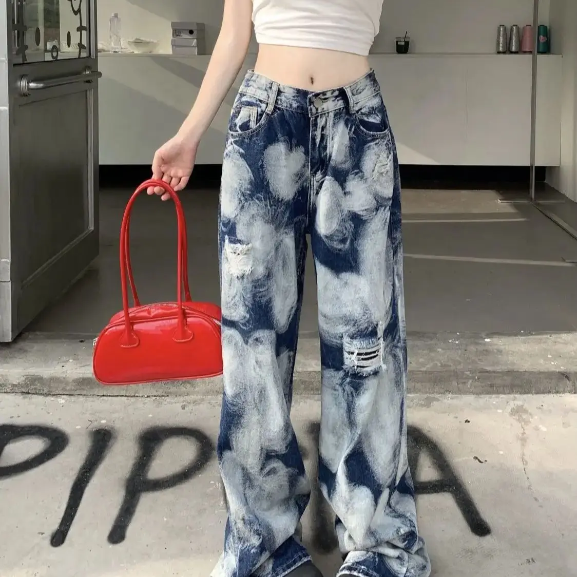 

Denim Trousers Splashed With Ink Camouflage Holes High-Waisted Slimming American Hottie Women'S Summer Wide-Leg Straight Pants