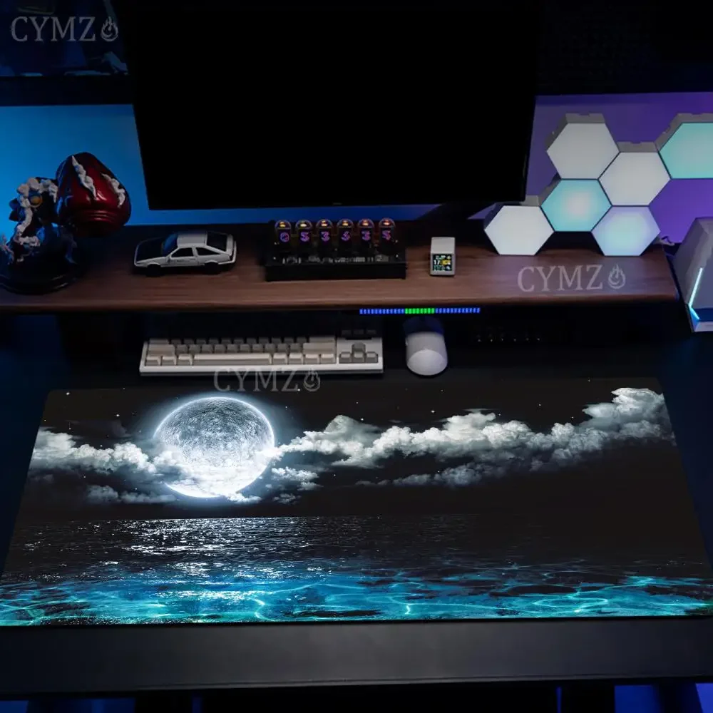 Kirschblüte Mond Landschaft Mauspad Schreibtischmatte Gaming-Matten Gummi rutschfest Langlebiges Schreibtischzubehör Tastatur Desktop-Pad Teppich