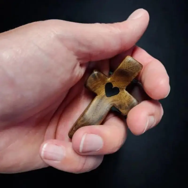 Natural Walnut Wood Cross Keychains Hollow Heart Cutout Vintage Metal Beads Couple Valentines Gifts Daily Carry