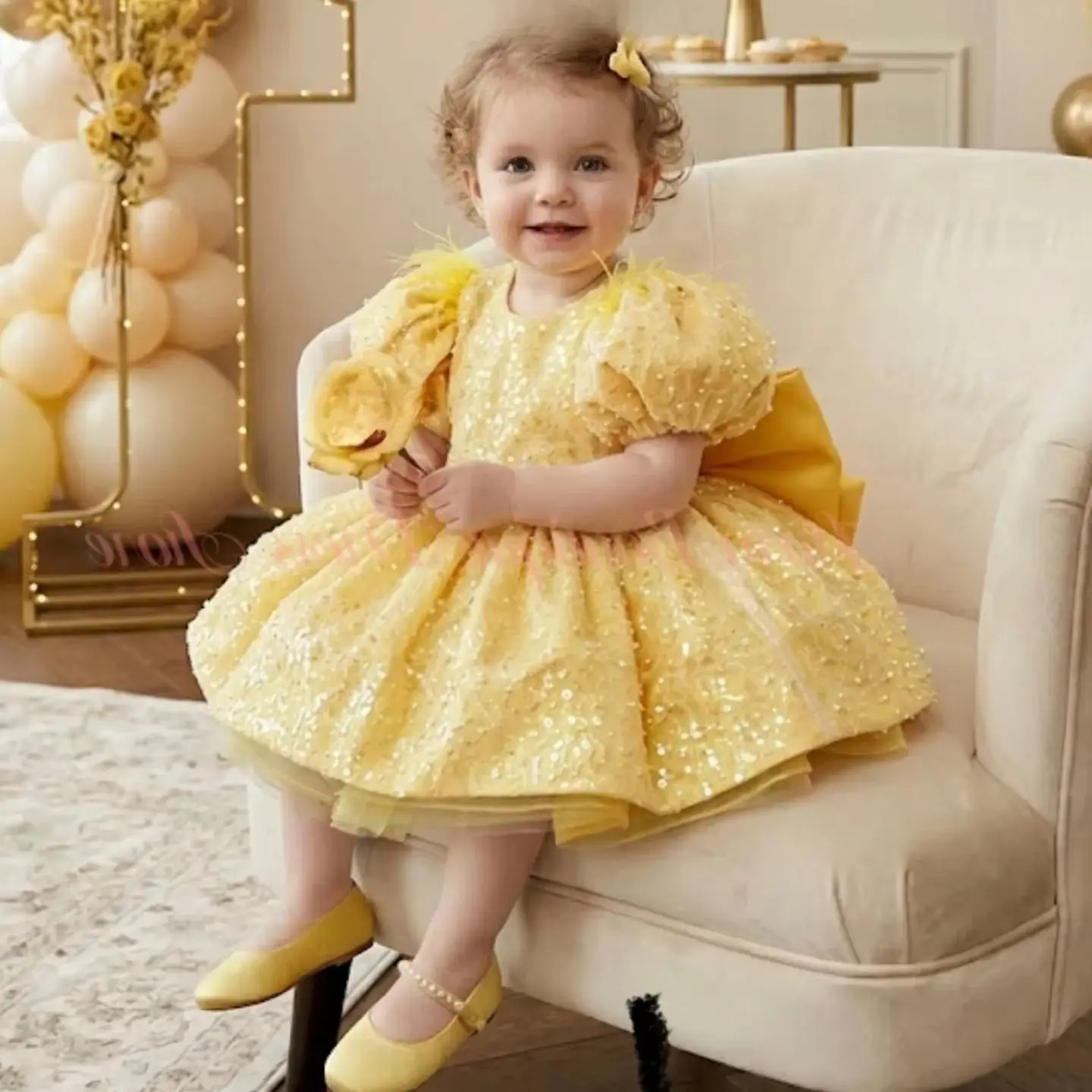 Puff Sleeve Princess Flower Girl Dress Kids Birthday Performance Little Kids Performance Dance Gown Yellow New Style Elegant