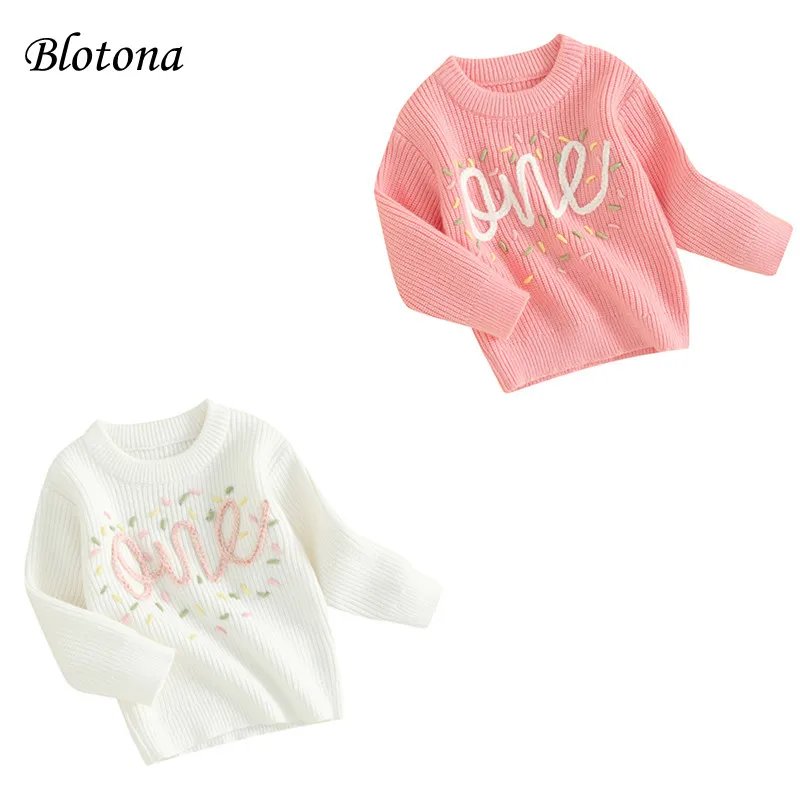 

Blotona Baby Boy Girl First Birthday Sweater Long Sleeve O-Neck Letter Embroidery Ribbed Knit Pullover Toddler Casual Tops