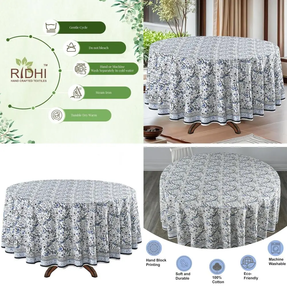 

Cotton Hand-Printed Reusable 60 Spruce Carolina Blue Tablecloth for Dining, Home, Parties, Weddings, Fall, Thanksgiving Decor