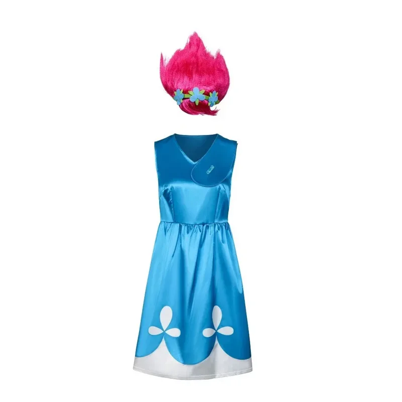 Trolls cosplay terno para mulheres adultas bobby vestido de princesa com peruca vermelha heroína anna kendrick halloween carnaval cos mn4