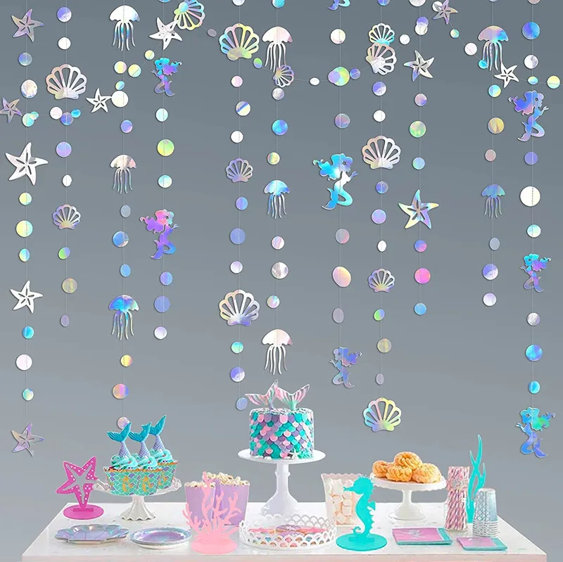 Guirnalda de sirena arcoíris con medusas, conchas, estrellas de mar y perlas, serpentinas de papel para decoración de fiesta de cumpleaños con tema de sirenita