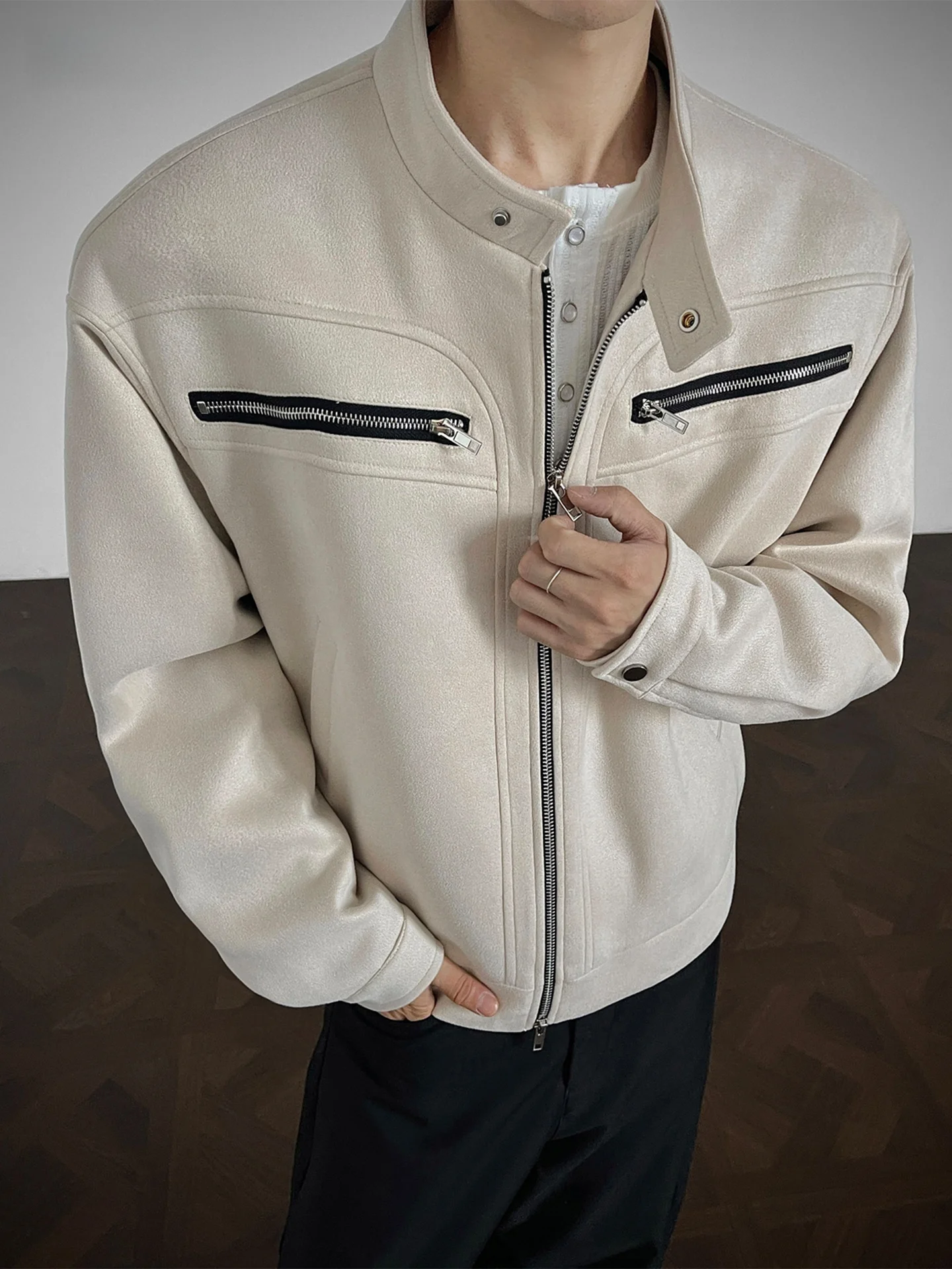 

American Sle Harington Stand Collar Workwear Jaet Men's Loose Faionable Suede Outerwear Spring Autumn Casual Sle