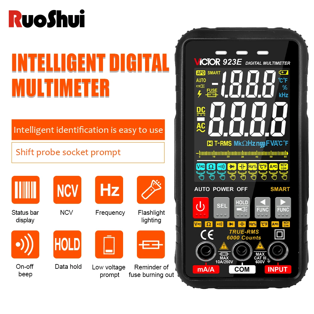 

Victor 923E Digital Multimeter Colorful Screen 6000 Counts Voltage Current Amperes Resistance Capacitance Temperature Smart Test