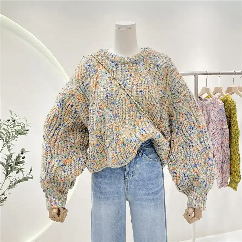 Dongdaemun Korea Autumn/Winter New Arrival Knit Colorful Loose Fit Lantern Sleeve Cropped Sweater For Women Crew Neck Style