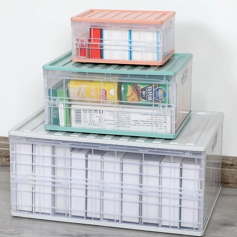 

Transparent Foldable Storage Box Plastic Cosmetic Clothes Organizer Kids Toys Bin with Lid Collapsible Desktop Offical Container