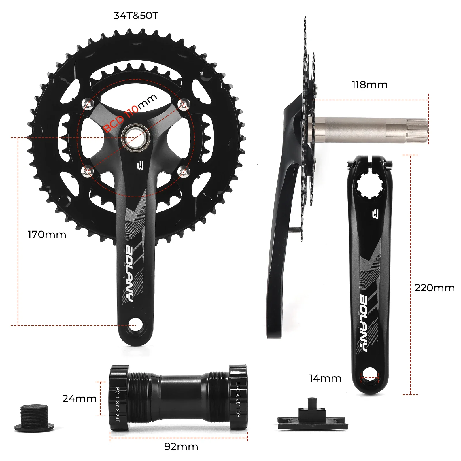 Bolany 170mm Road bike Integrated Crankset 24mm hollowtech crankset 2x double 110 bcd chainring 50 34 aluminum Alloy Crank