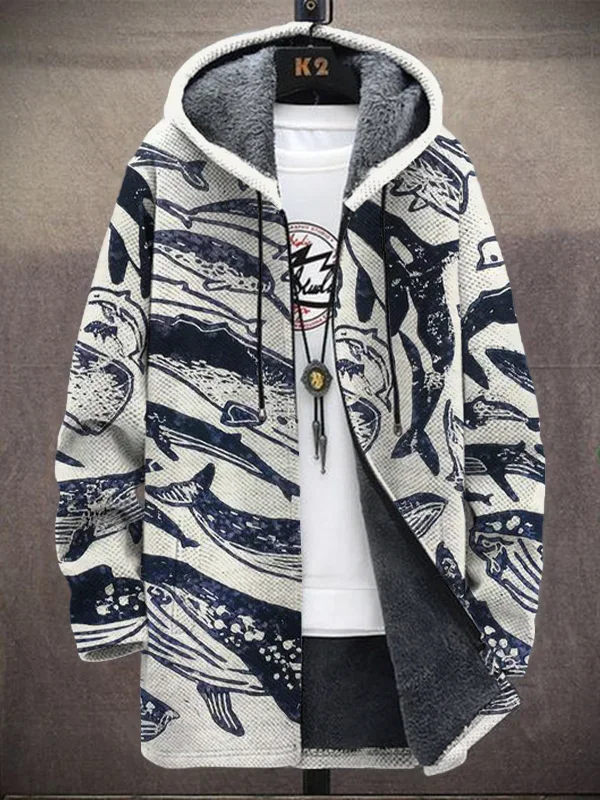 Men's Species Of Whales Japanese Lino Art Vintage Printed Hooded Trench Coat Cardigan Hoodies Fleece Lined Zipper Coats