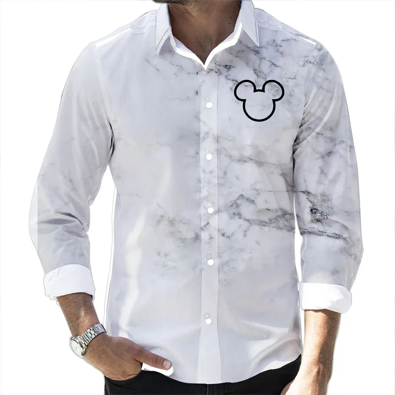 Fall New Disney Cartoon Casual 3D Printed Men\'s Long Sleeve Lapel Slim Fit Mickey Mouse and Winnie the Pooh Brand Men\'s Top