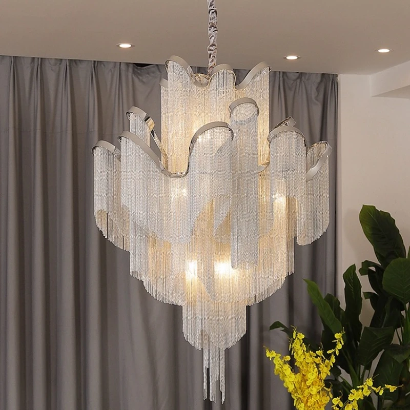 Imagem -04 - Luxo Moderno Lustres para Sala Iluminação do Candelabro Quarto Pendant Canopy Light Prata Tassel Fixtures