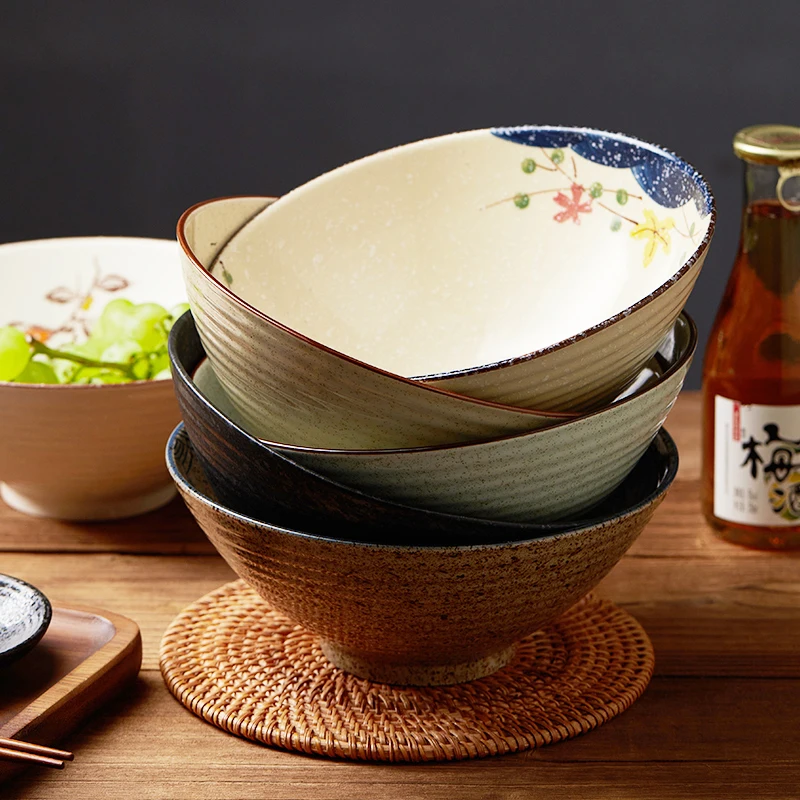 

8Inches Retro Flower Pattern Ceramic Bowls Underglaze Round Noodle Bowls Household Dining Tablewares Janpanese Style Ramen Bowl