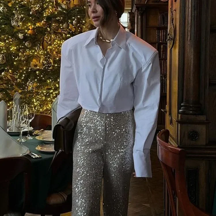 

2025 New Simple White Female Short Turn Down Collar Long Sleeve Versatile Shirt Elegant Autumn Style