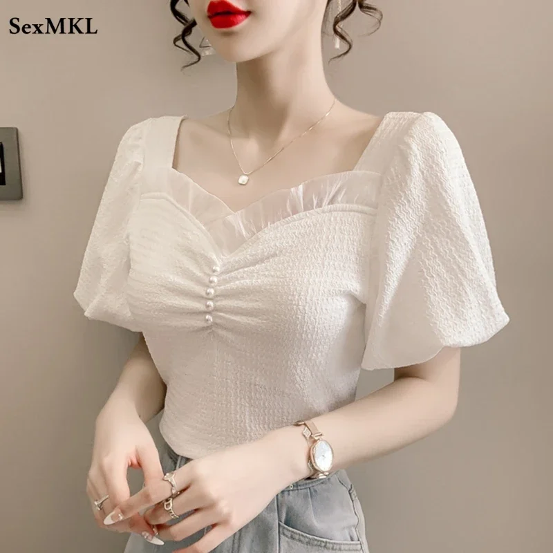 Womens Summer Tops and Blouses 2024 Korean Fashion Clothes Chiffon Blusa Mujer White y2k Vintage Puff Sleeve Tops Casual Shirts