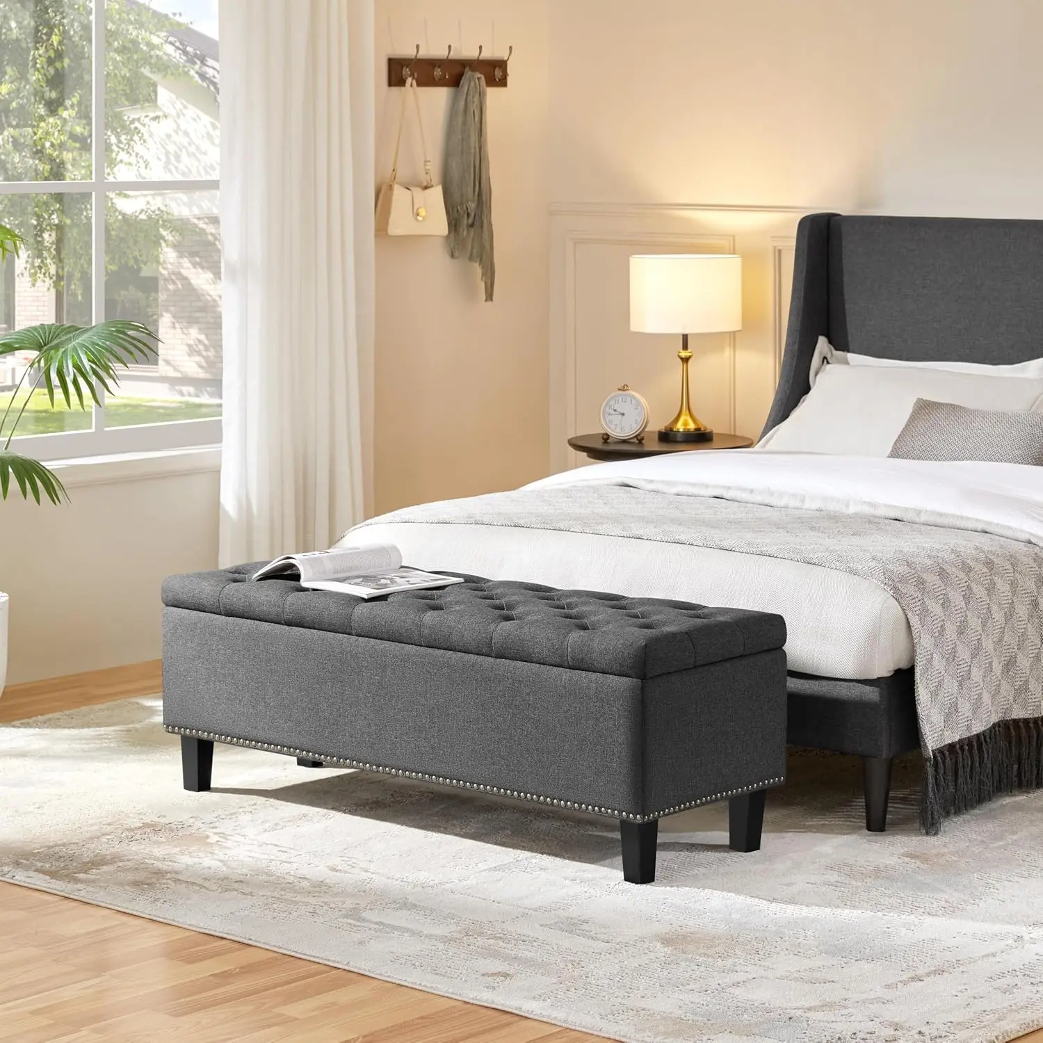 Square Storage Ottoman Coffee Table, Button-Tufted Fabric Bench, 3.5C Space, Wood Legs, for Bedroom & Living Room, Customized