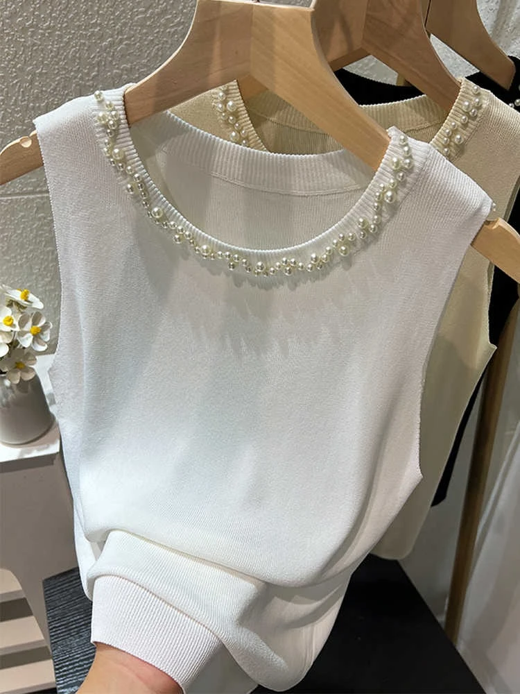 White Women Camisole 2026 New Summer Slim Thin Ice Silk Knit Vest Trendy Beaded Decor O-Neck Sleeveless Tank Top