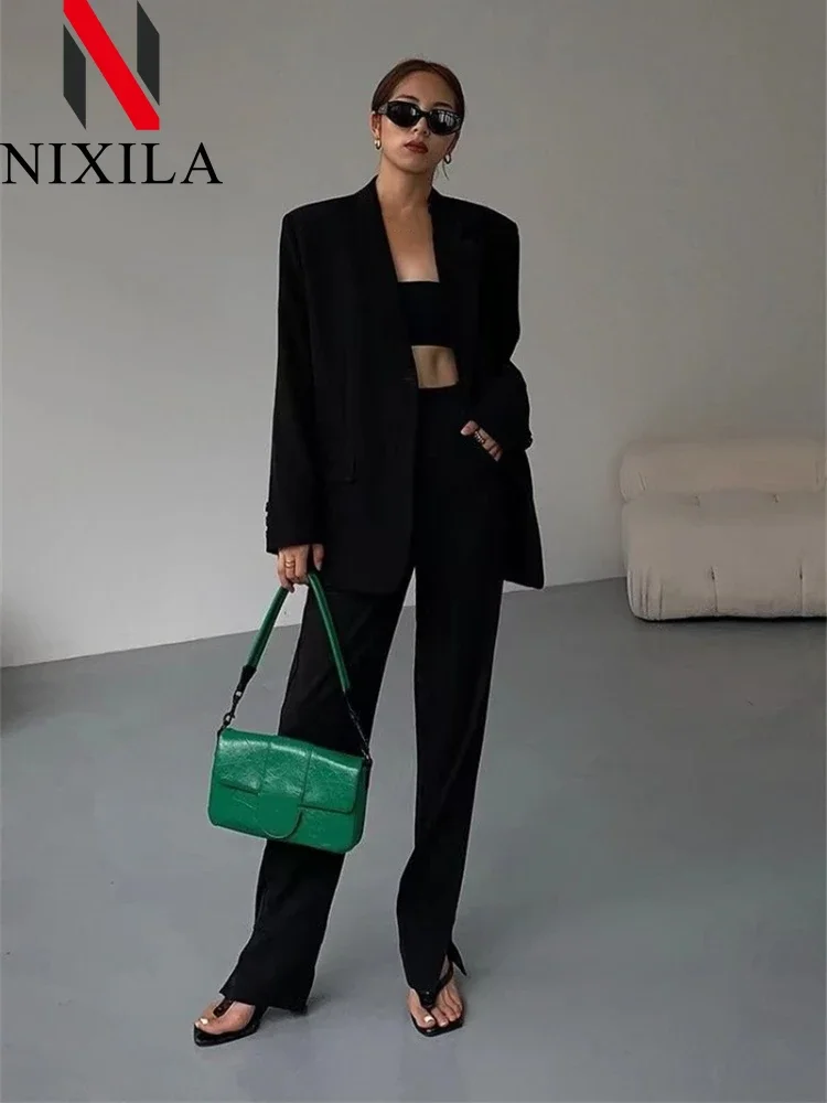 Damen Loose-Fit Schwarze Anzugjacke Vintage Casual Streetwear Blazer Oberbekleidung Mode Herbst Wintermantel