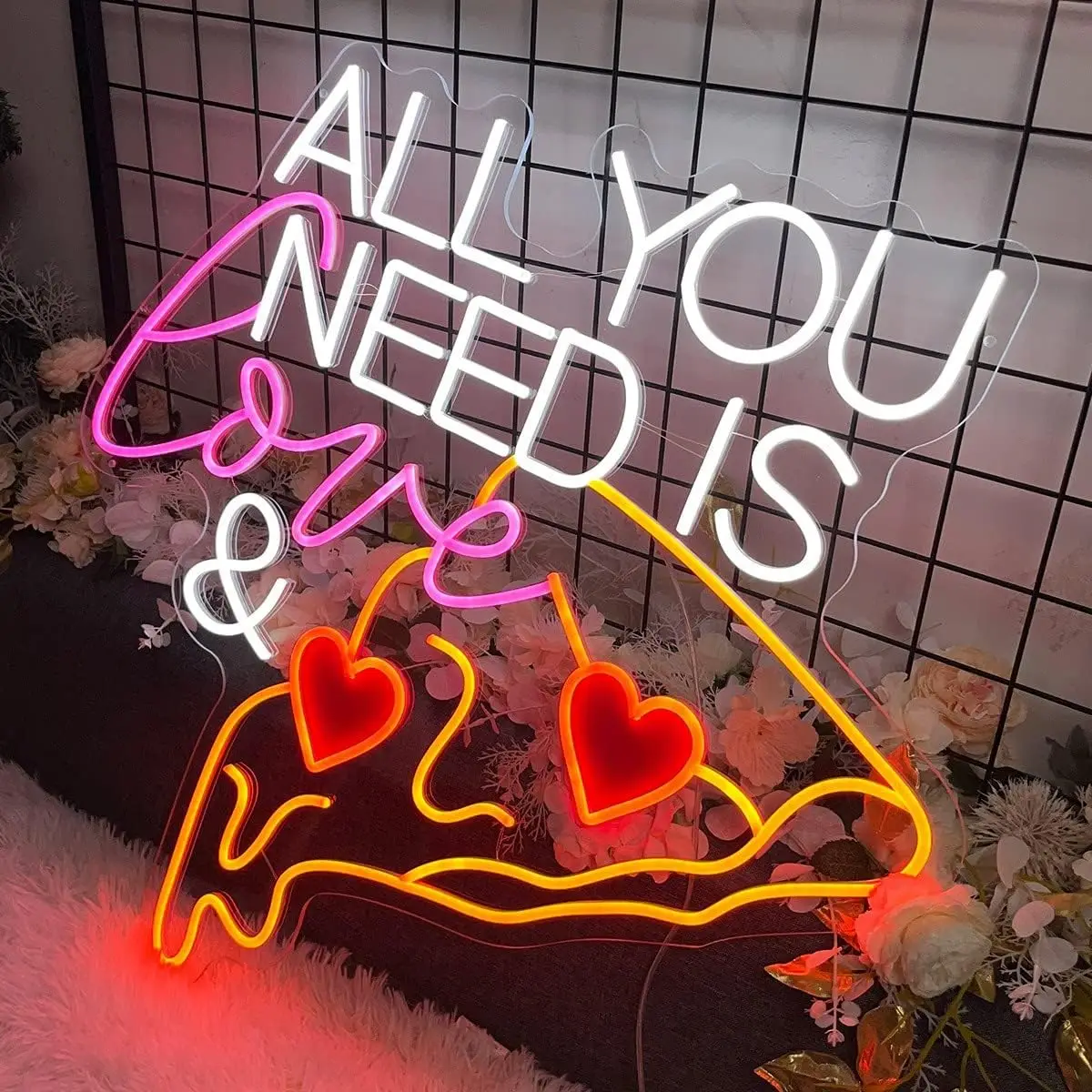 USB Dimmable Neon Sign All You Need Is Love and Pizza LED Light for Bedroom Bar Home Decor Unique Food Love Theme Wall Art Gift
