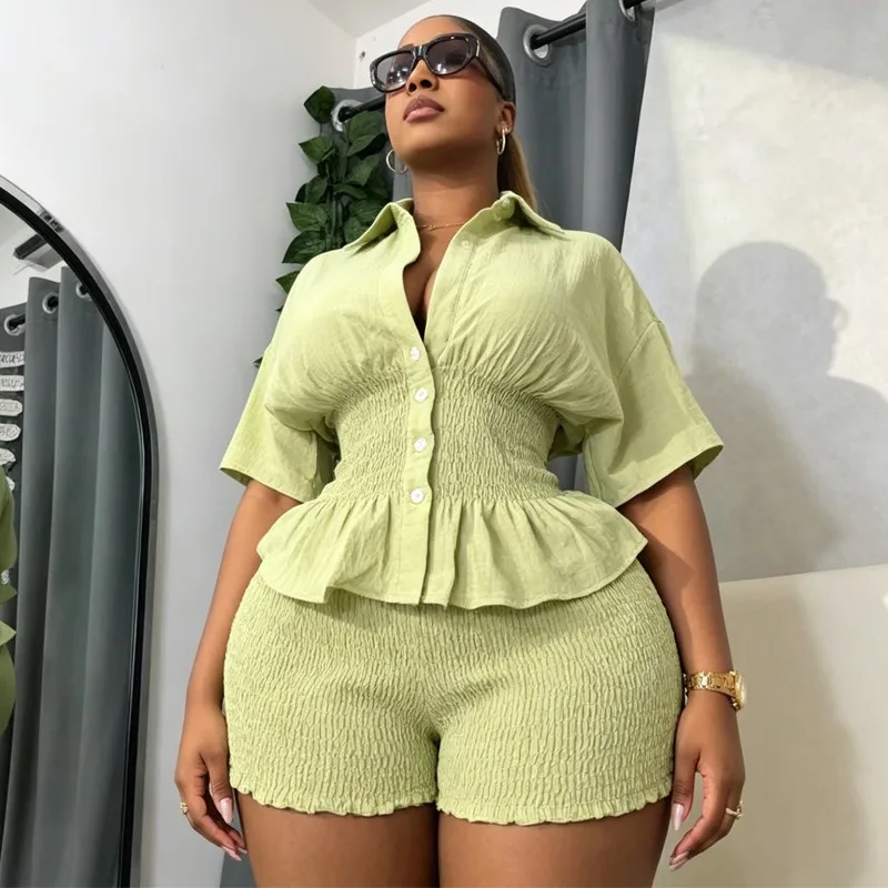 African Women Solid Two Piece Outfit Short Sleeve Peplum Shirt Ruffle Hem High Waist Shorts Set Summer Casual Co-ord Suit