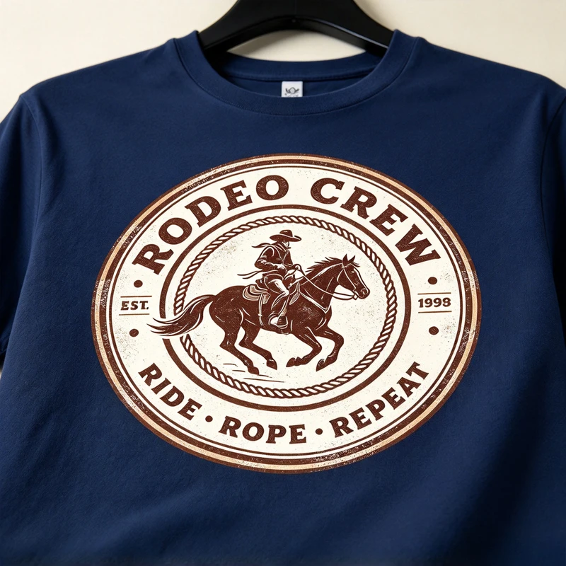 Rodeo Crew T Shirt Men Vintage Cowboy Riding Horse Circle Badge Graphic Tees Western Country Style Ride Rope Repeat Short Sleeve