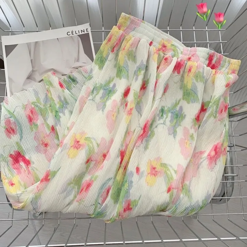 Saia Feminina Vintage de Chiffon com Estampa Floral, Vestido Plissado Longo, Design Elegante para Primavera Verão, Tamanhos Grandes 4XL 5XL
