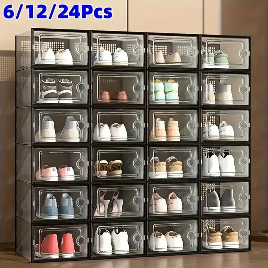 JUMPAIR 6/12/24 Pcs Thick Transparent Shoe Box With Lid, Foldable Stackable Plastic Sneaker Storage Box, Space-Saving Organizer For Home Bedroom Dorm JUMPAIR